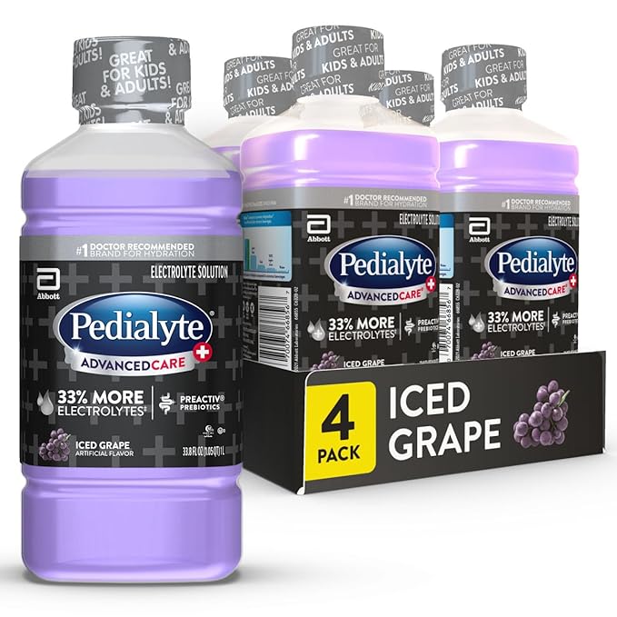 Pedialyte AdvancedCare Plus Electrolyte Hydration Drink, Has 33% More Electrolytes and Has PreActiv Prebiotics, Iced Grap...