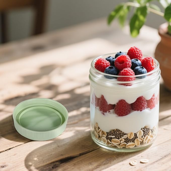 Overnight Oats Containers with Lids, 16oz Glass Jars with Lids 4 pcs, Light Green, Wide Mouth Mason jars for Salad, Yogurt, Snacks, Meal Prep