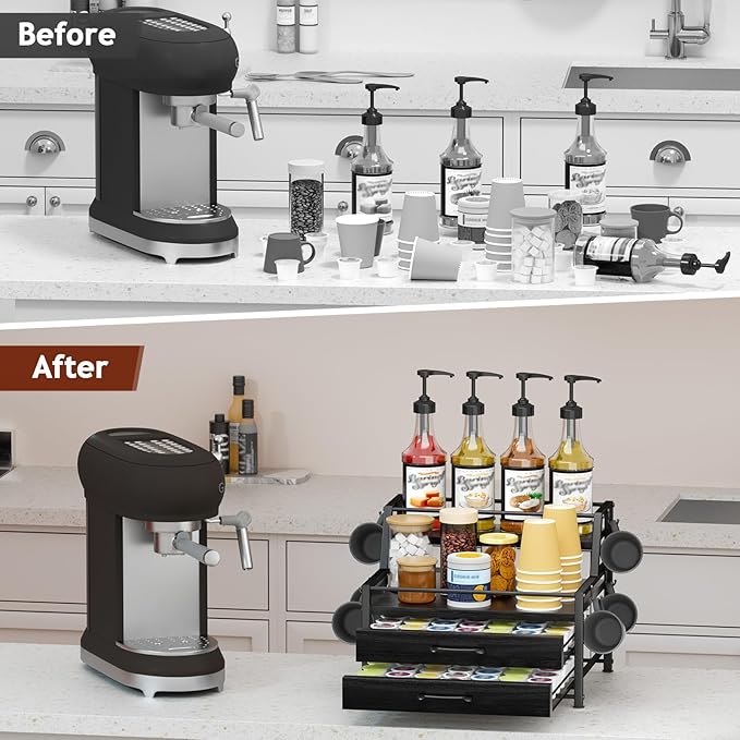 Coffee Syrup Rack Organizer - 4-Tier 8 Syrup Wine Bottles Stand with 82 Storage Drawer for K Cups, Coffee Pod Holder for Countertop, Bar Station, Kitchen, Black
