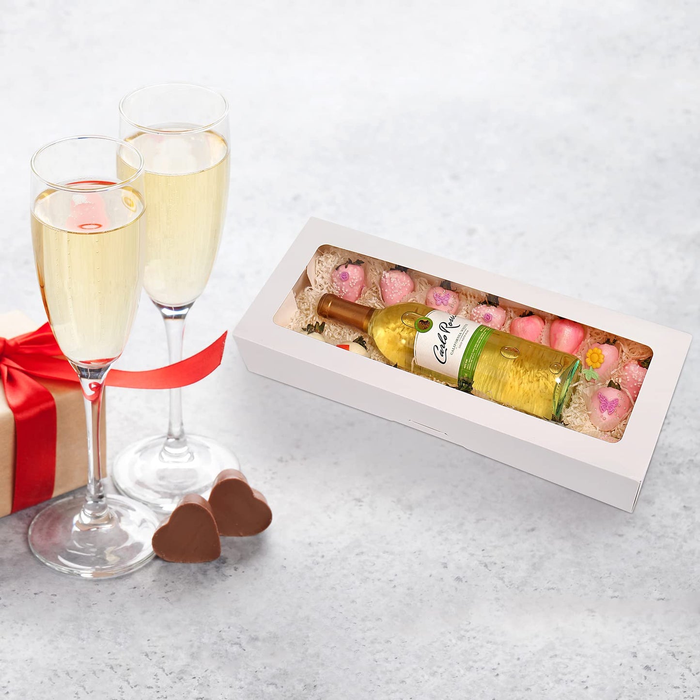 RIFMEAE 20-Pack 16" x 6.5" x 2.5" Cookie Boxes with Window, White Bakery Boxes, Strawberry boxes, Long Treat Boxes for Strawberries and Pastries