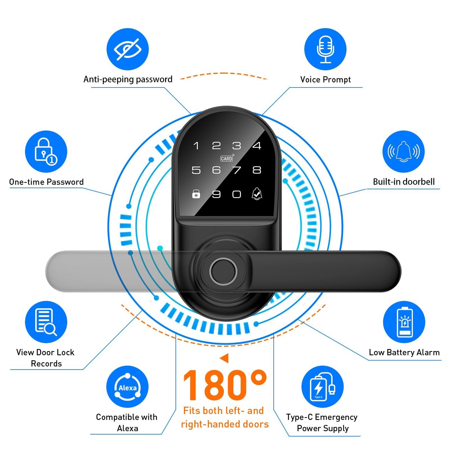 Smart keypad Door Lock with Handle，Fingerprint Keyless Entry Digital Lock with Built-in doorbell for Front Door,Bedroom,biometric Door knob,with Gateway Remote APP Control
