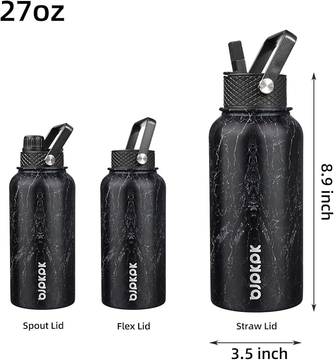 BJPKPK Insulated Water Bottles with Straw Lid, 27oz Stainless Steel Water Bottle with 3 Lids, Leak Proof BPA Free Metal Thermo, Mugs, Tumblers, Keep Cold Hot - Midnight