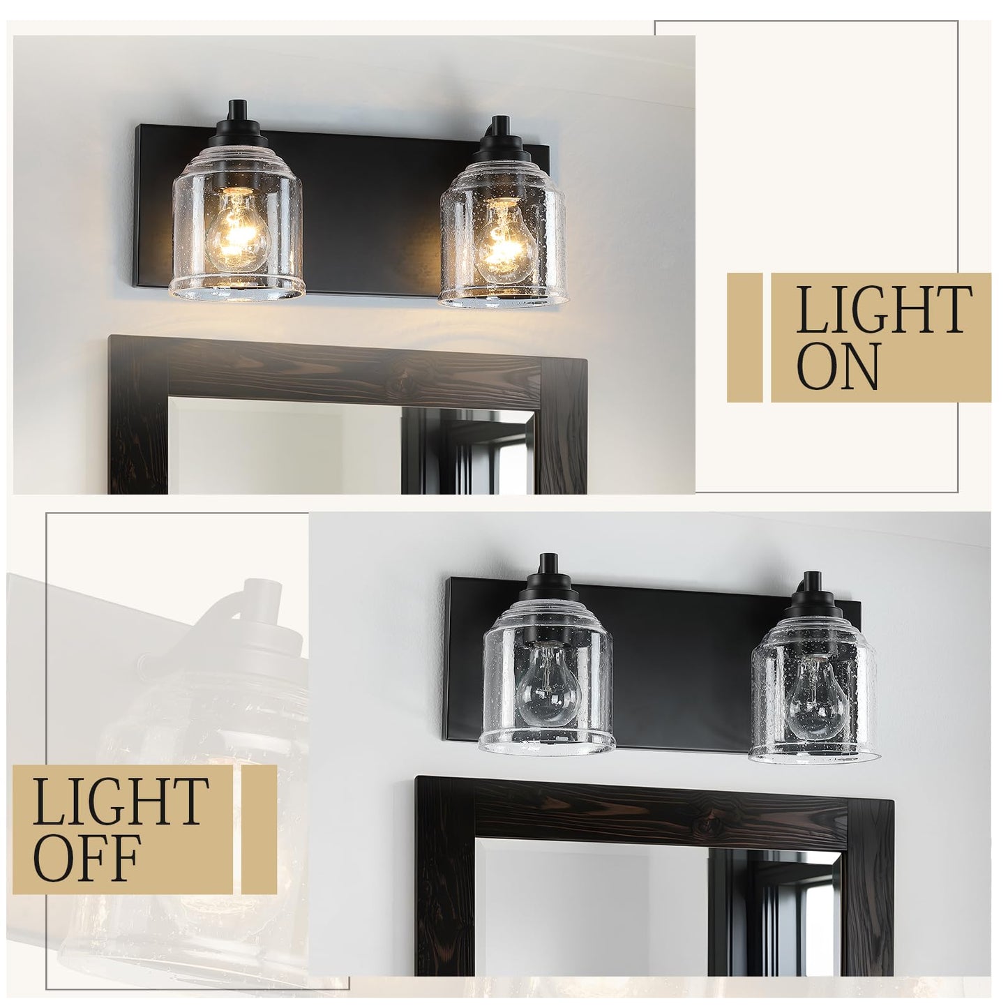 YKLITG Bathroom Vanity Light, 2-Light Black Metal with Bubble Glass Shades, Model BD005 S, 15.8in Farmhouse Rustic Decor