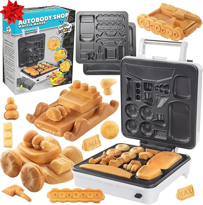 Auto Body Shop Waffle Maker- Mix & Match 20+ Custom Shaped Pieces to Build Cars Trucks or Vehicles Out of WAFFLES! Breakfast Fun for Kids Adults- Nonstick Quick Cleanup w 4 Removable Plates, Xmas Gift