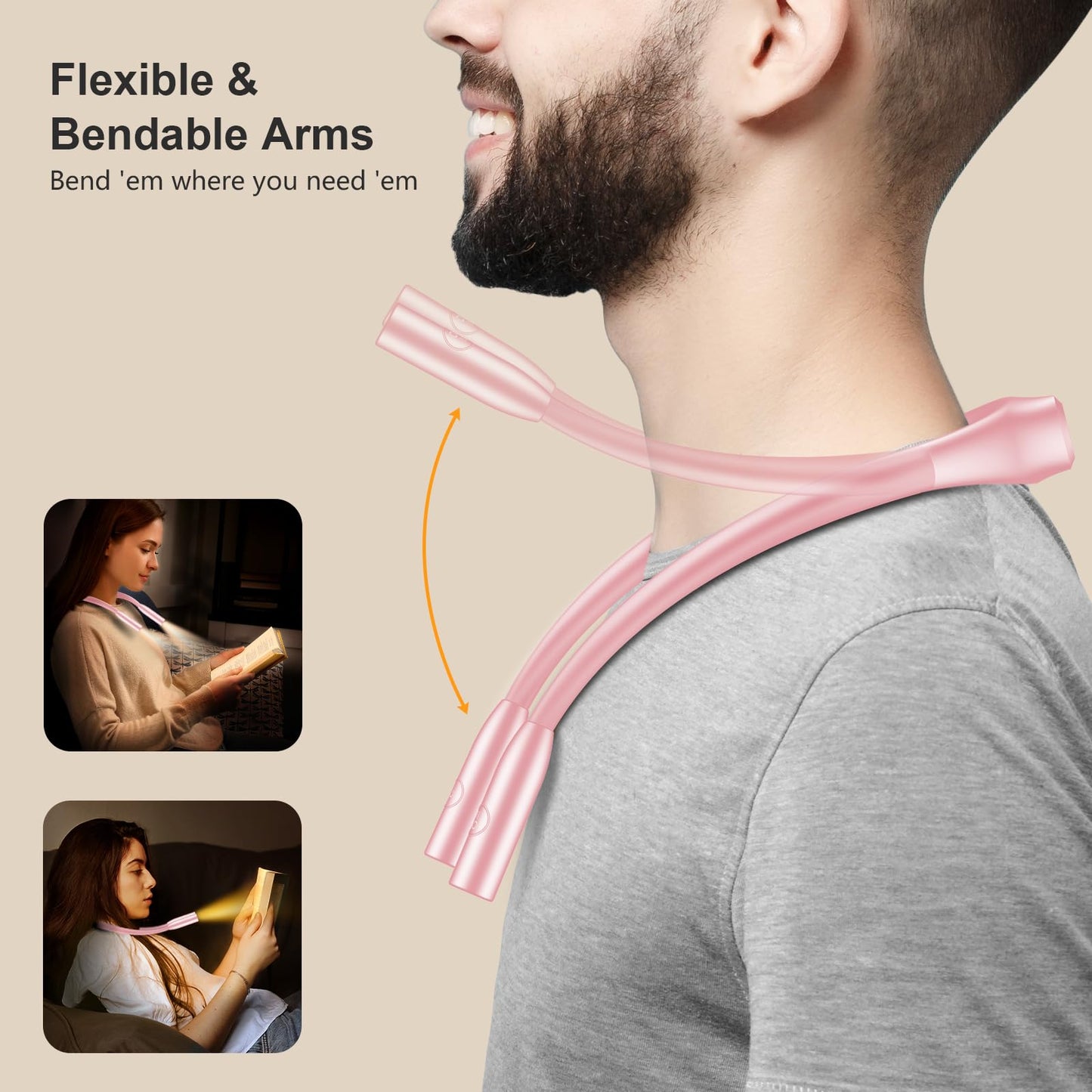 Gritin LED Neck Reading Light, Dimmable, 80+ Hrs Runtime, Pink, Model G1337, Lightweight for Crafting and Knitting