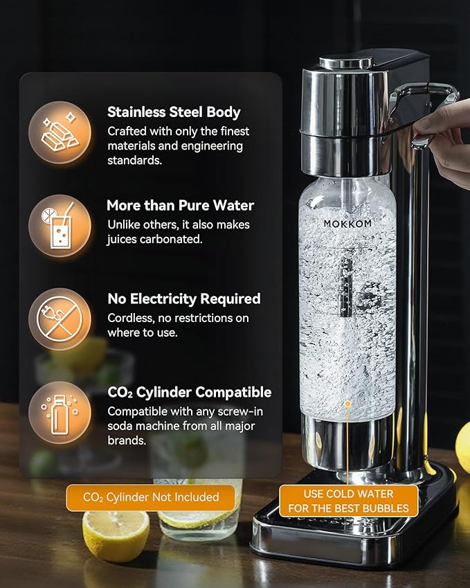 MOKKOM Sparkling Water Maker, Soda Maker with 1L PET Carbonating Bottle, Soda Streaming Machine and Beverage Carbonator, Compatible with 60L CO2 Carbonator (NOT Included) - Stainless Steel