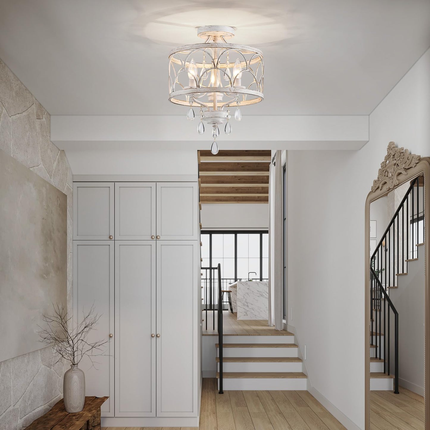 Crystal Ceiling Light Fixture  Modern Small Chandelier Light Fixture  Farmhouse White Semi Flush Mount Ceiling Light  Round Hallway Lighting Fixtures For Bedroom Entryway Dining Room Living Room