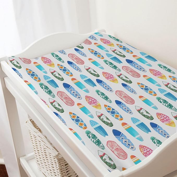 Colorful Surfboards Baby Changing Pad Covers for Boy Girl 32''x16'' Hawaiian Tropical Beach Surfing Fitted Diaper Change Table Mats Boho Summer Ocean Sports Soft Breathable Cradle & Bassinet Sheets