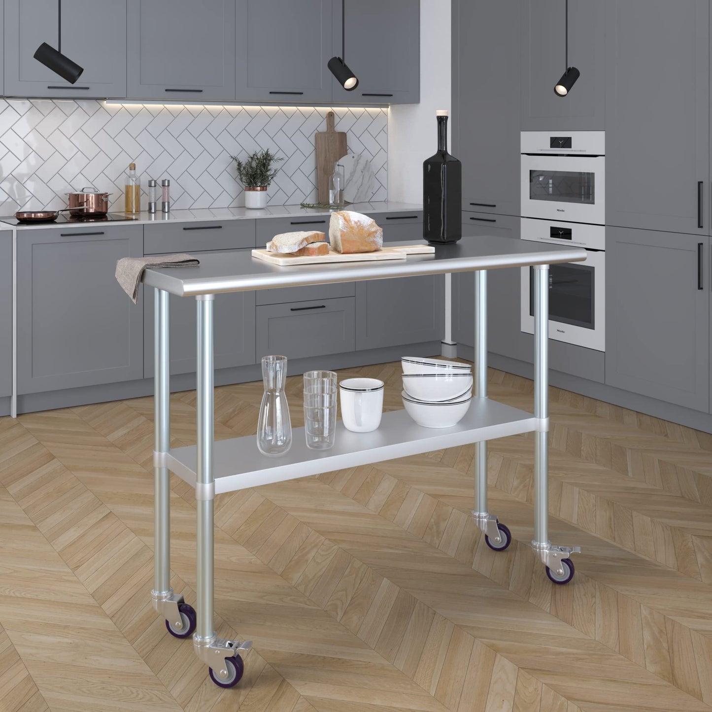 AmGood 18 in. x 48 in. Stainless Steel Work Table with Wheels | Metal Kitchen Food Prep Table | NSF