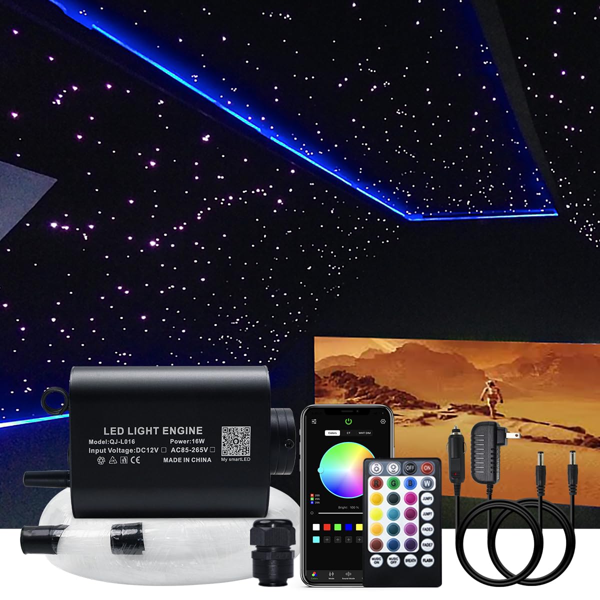 Akepo Fiber Optic Star Ceiling Light Kit, 16W Rgbw, 450Pcs Fiber, Music Control, 9.8Ft, Multicolor, Model 1A16Ab64