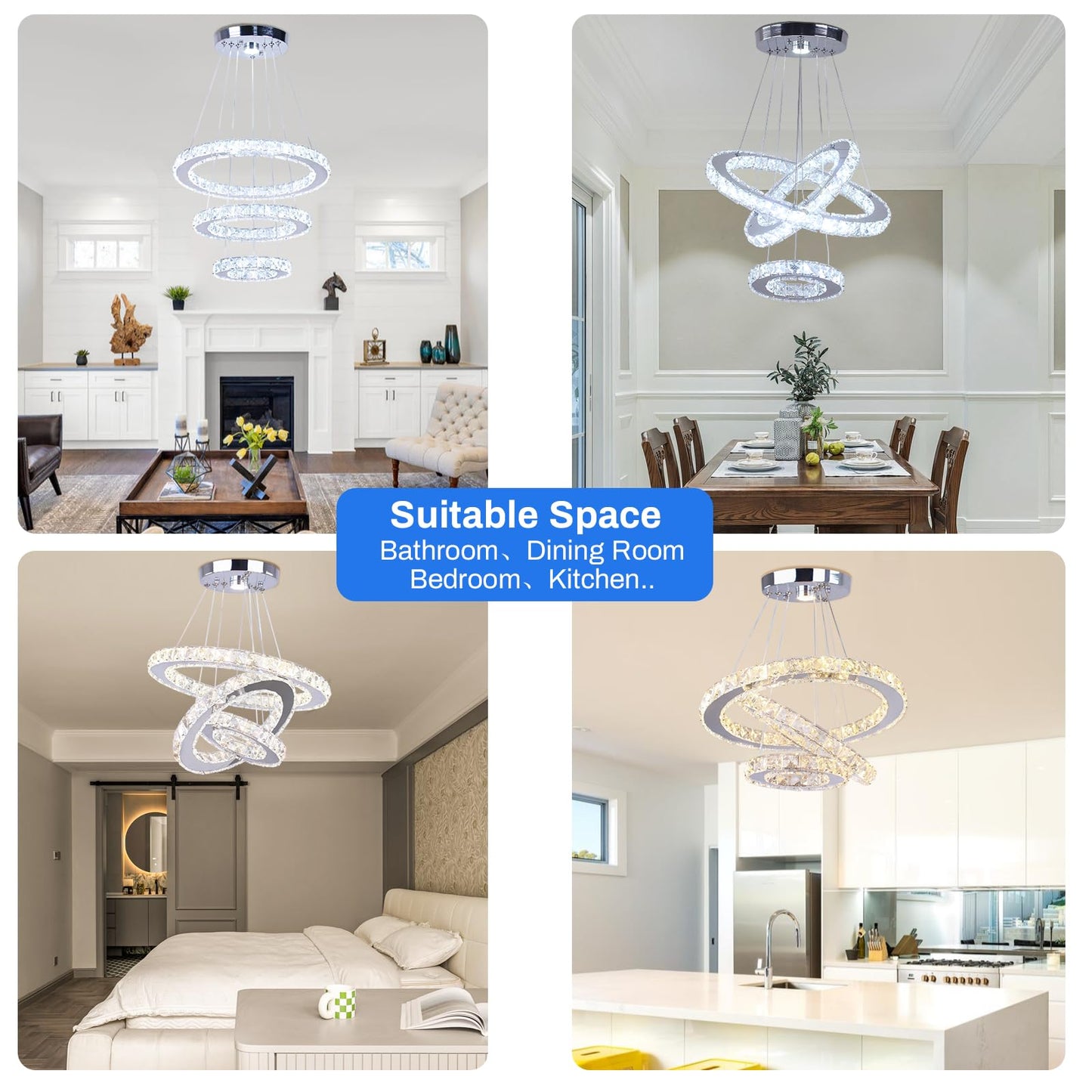 Cainjiazh LED Crystal Chandelier, Dimmable 3-Ring Pendant Light, Adjustable Stainless Steel Fixture for Bedrooms & Living Rooms, Model US-234ROUND-Dimm