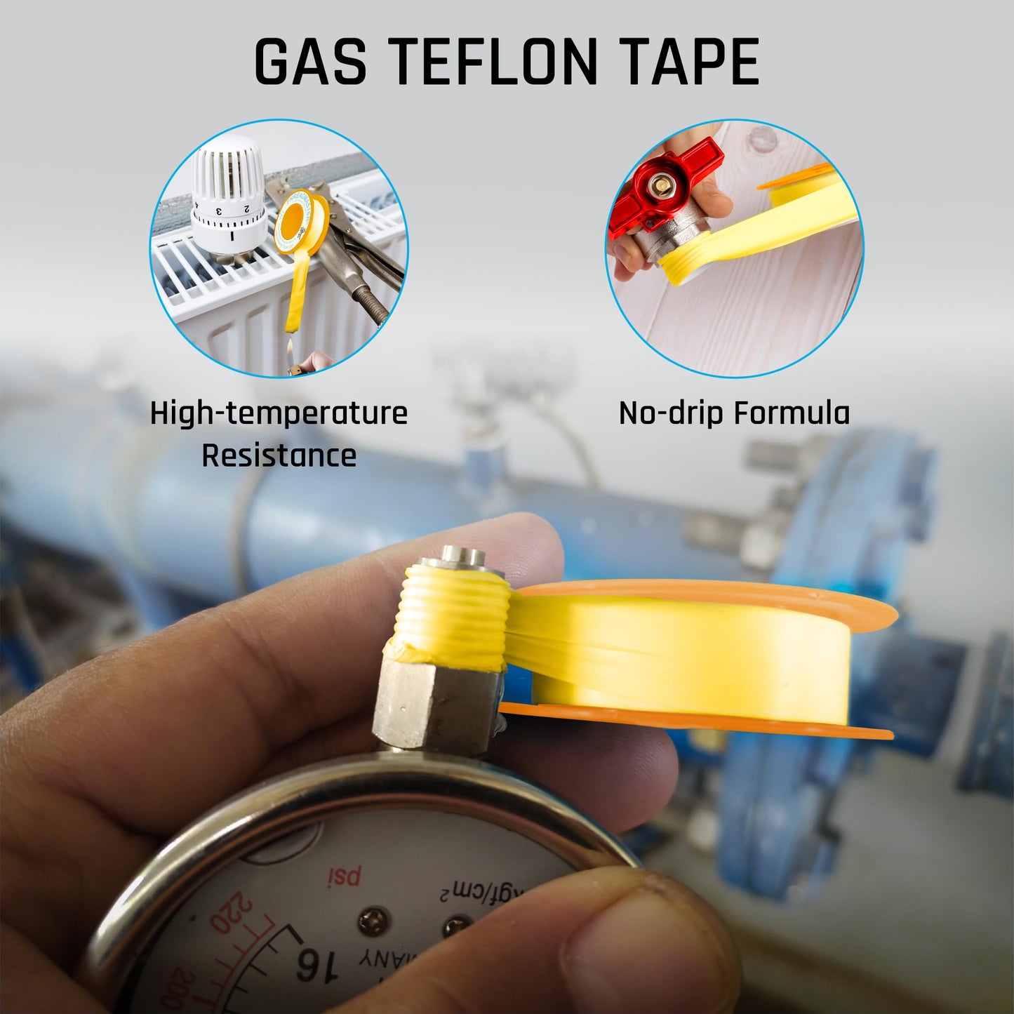 TAPEWELL Yellow Gas Teflon Tape, Pipe Thread Sealant, 260" Length 1/2" Width, for Propane, Natural Gas, & More, Pack of 2 (2)