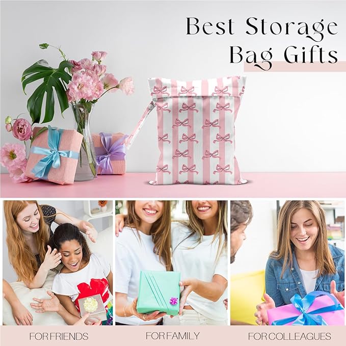 Wet Bag for Swimsuit, Beach Travel Essentials Wet Dry Bag, for Sunscreen Toiletry Dirty Clothes Yoga Gym Diaper, Friends Summer Beach Vacation Gifts. Pink bow stripes