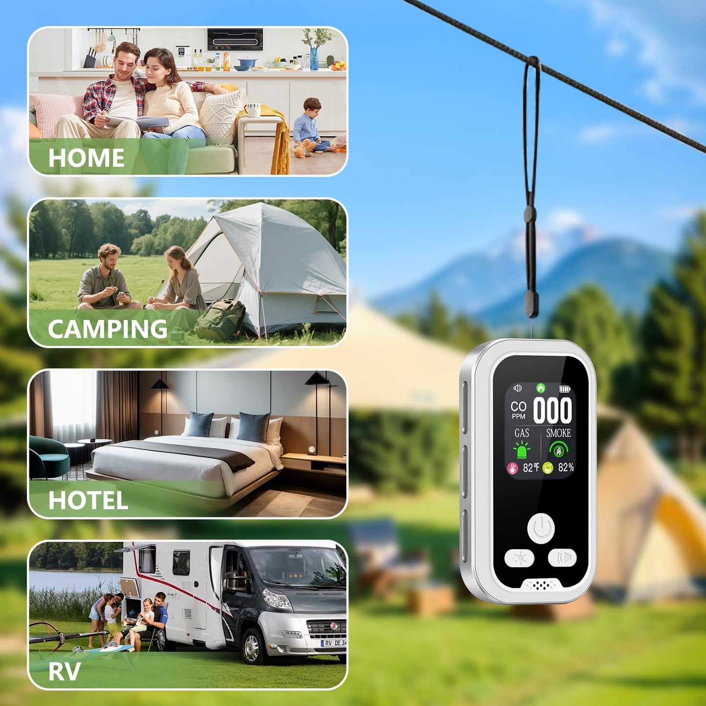 5-in-1 Carbon Monoxide Detectors Combo Smoke, Natural Gas Leak, CO Alarm, Temp/Humidity Sensor, Plug in & Portable Backup Battery CO Detector with HD Display with for Travel, Home, RV (1 Pack)