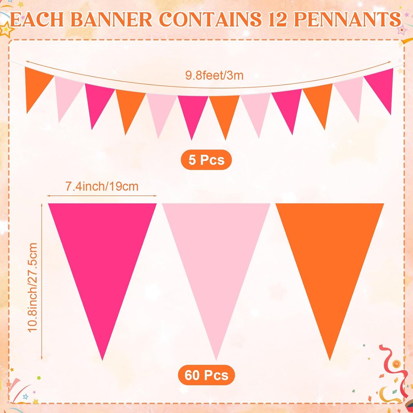 Pasimy 49.21 ft 60 Pieces Pink and Orange Party Pennant Banner Flags Decorations String Triangle Flags for Birthday Baby Shower Carnival Movie Witch Crown Pink Halloween Party Supplies