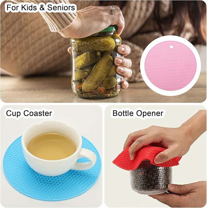 uxcell 4pcs Silicone Jar Opener Pads, 17.5cm/7" Texture Can Opener Multipurpose Round Bottle Lid Opener Non-Slip Coasters for Weak Hands Seniors Children, Pink