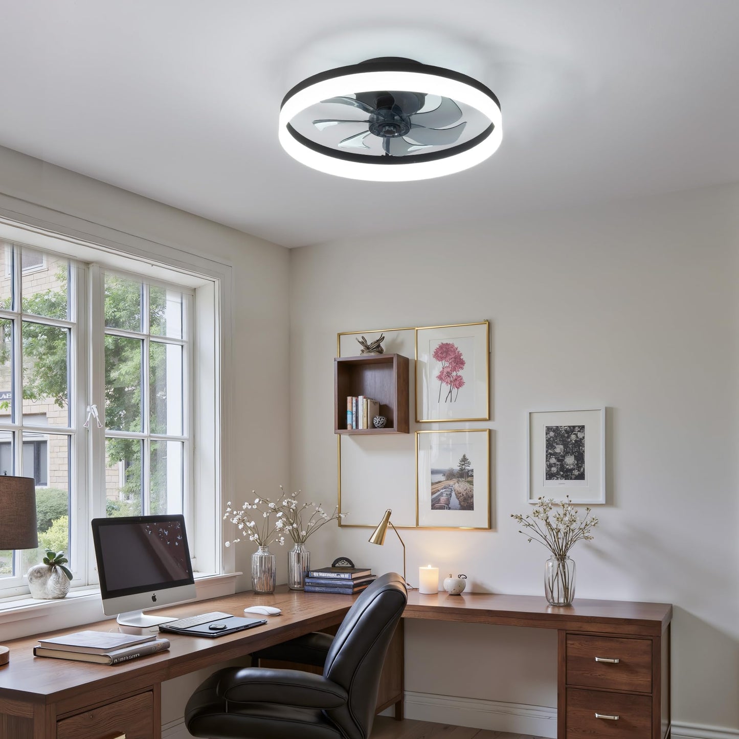 Pusu 19.7 Low Profile Led Ceiling Fans With Light  Reversible Flush Mount With Remote And 6 Winds Speeds Fan Lighting  3 Colors Dimmable For Bedroom  Living Room  Kids  Dinning Room  Kitchen (Black)