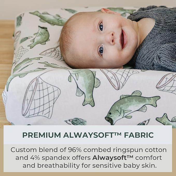 Pobibaby – 2 Pack Premium Changing Pad Covers for Boys, Ultra-Soft Breathable Cotton Diaper Changing Table Covers – Neutral Nursery Changing Pad Sheets for Baby (Gone Fishing)