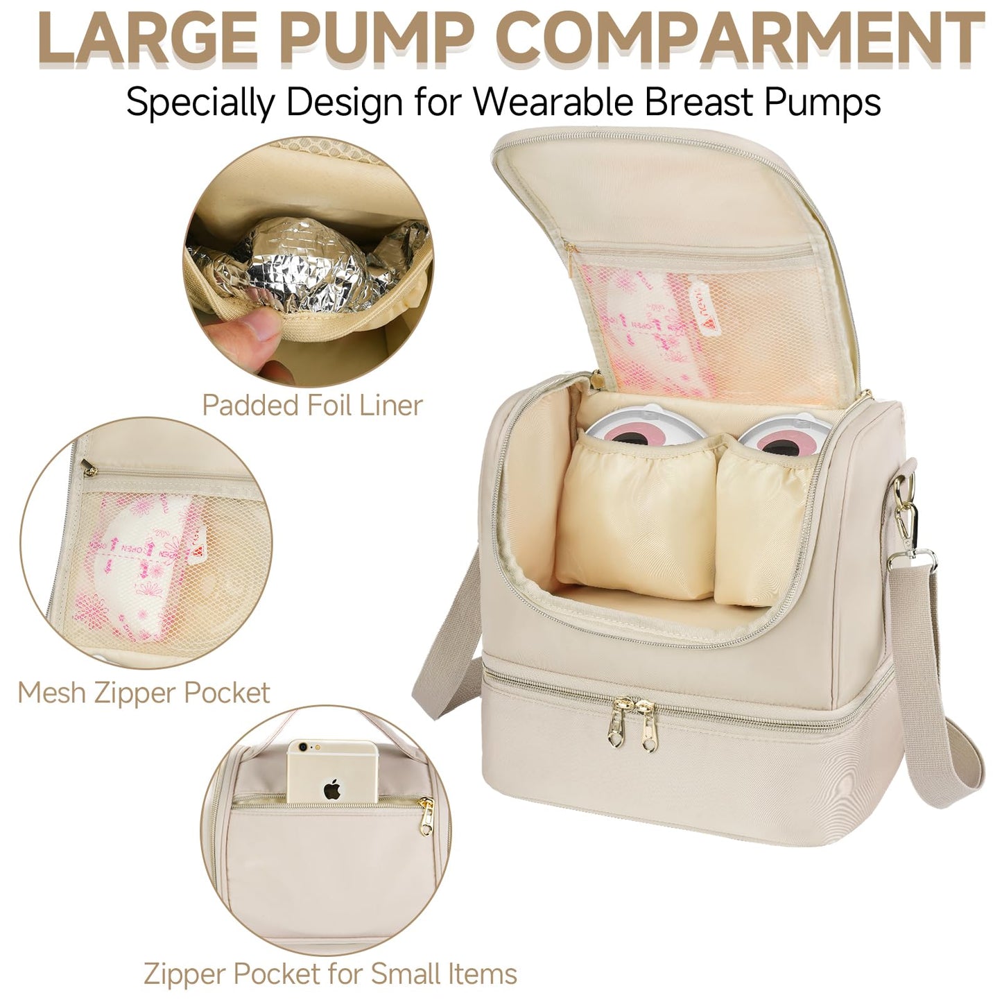 Jaffzora Wearable Breast Pump Bag with Cooler Compartment Fits for Willow/Elvie/Momcozy M5/S12 Pro/Medela, Breast Milk Travel Tote Bag with Ice Pack & Waterproof Mat,Apricot
