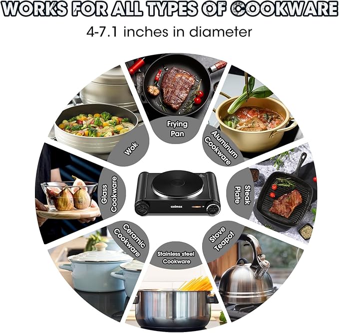 CUSIMAX Hot Plate,1500W Electric Portable Cast Iron Stove with Temperature Controls,Hot Plates for Cooking,Compatible for All Cookwares,Concealed Handle,Easy to Clean