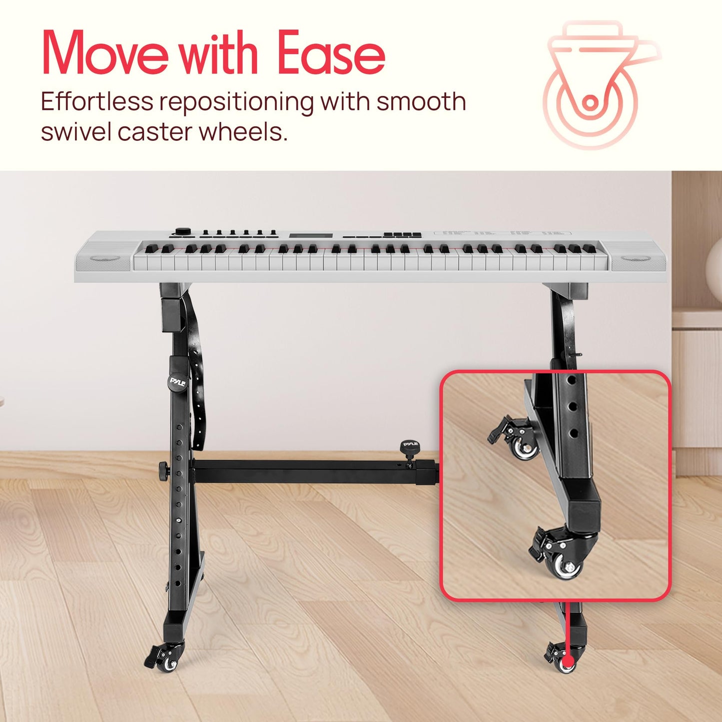 Pyle Universal Electronic Piano, Black Heavy-Duty Z Style Keyboard Stand With Locking Wheels, Adjustable Height And Width, Porta