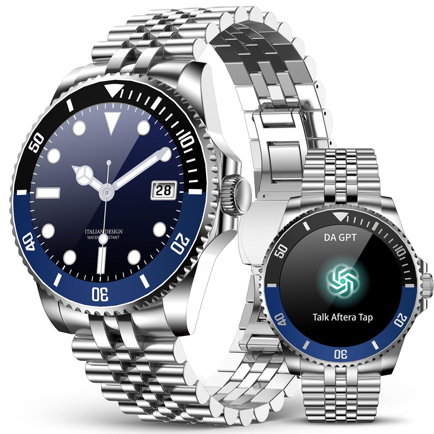 2025 DA GPT Smart Watch for Men, Heart Rate, Blood Pressure, Blood Oxygen, Sleep Monitor, 107 Sports Modes, 1.19-inch AMOLED Display, Waterproof Round Watch, Compatible Android and iOS Silver Blue