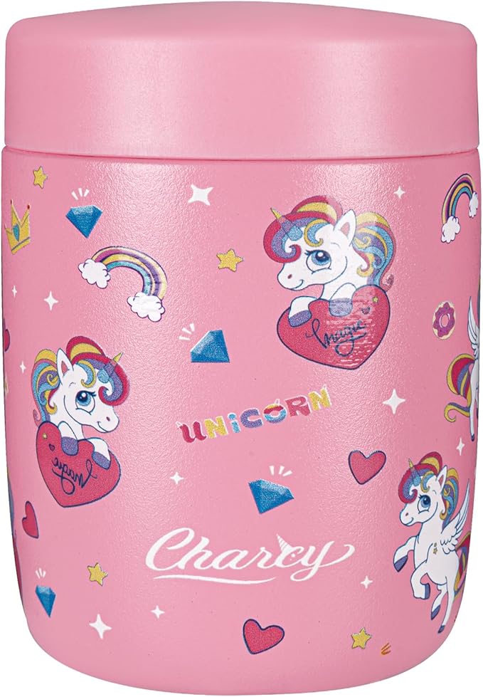 Charcy 9oz Stainless Steel Vacuum Insulated Kids Food Jar - Soup Thermo for Hot & Cold Food - Magenta Unicorn