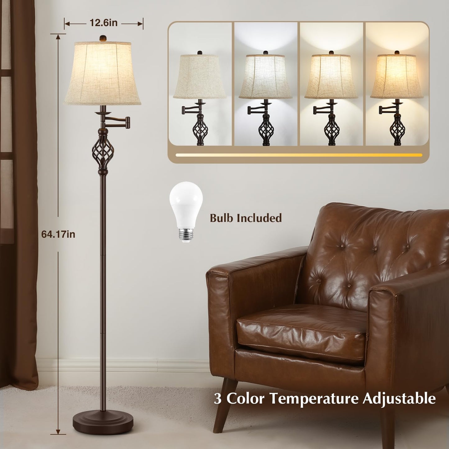 GyroVu Floor Lamp, Adjustable Swing Arm, Vintage Metal Design, Red Brown, Ideal for Living Rooms and Bedrooms
