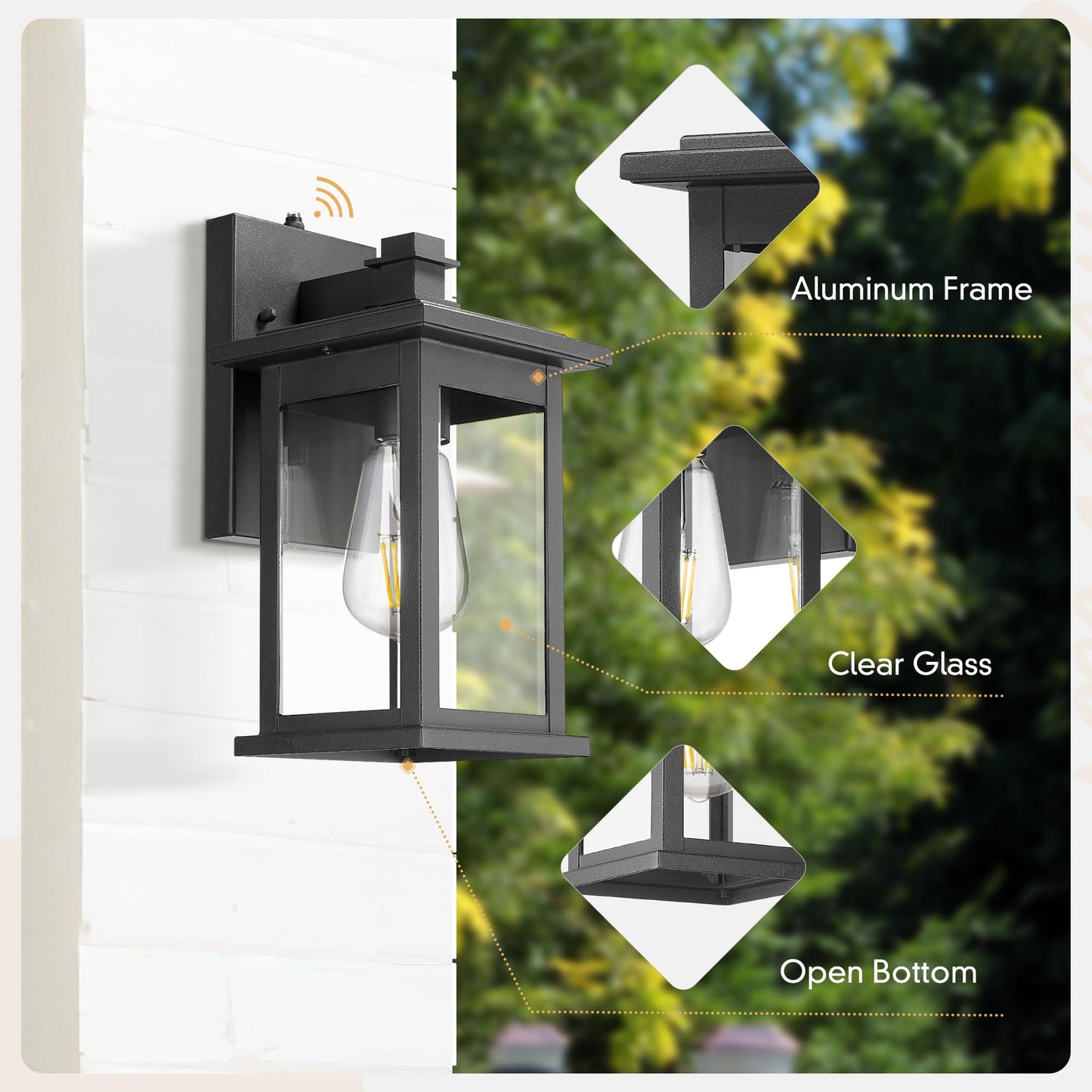 Emliviar Outdoor Porch Light with Photocell Sensor, Matte Black, Clear Glass, Aluminum, Medium Size, Model 1803EW1-PC-2PK BK