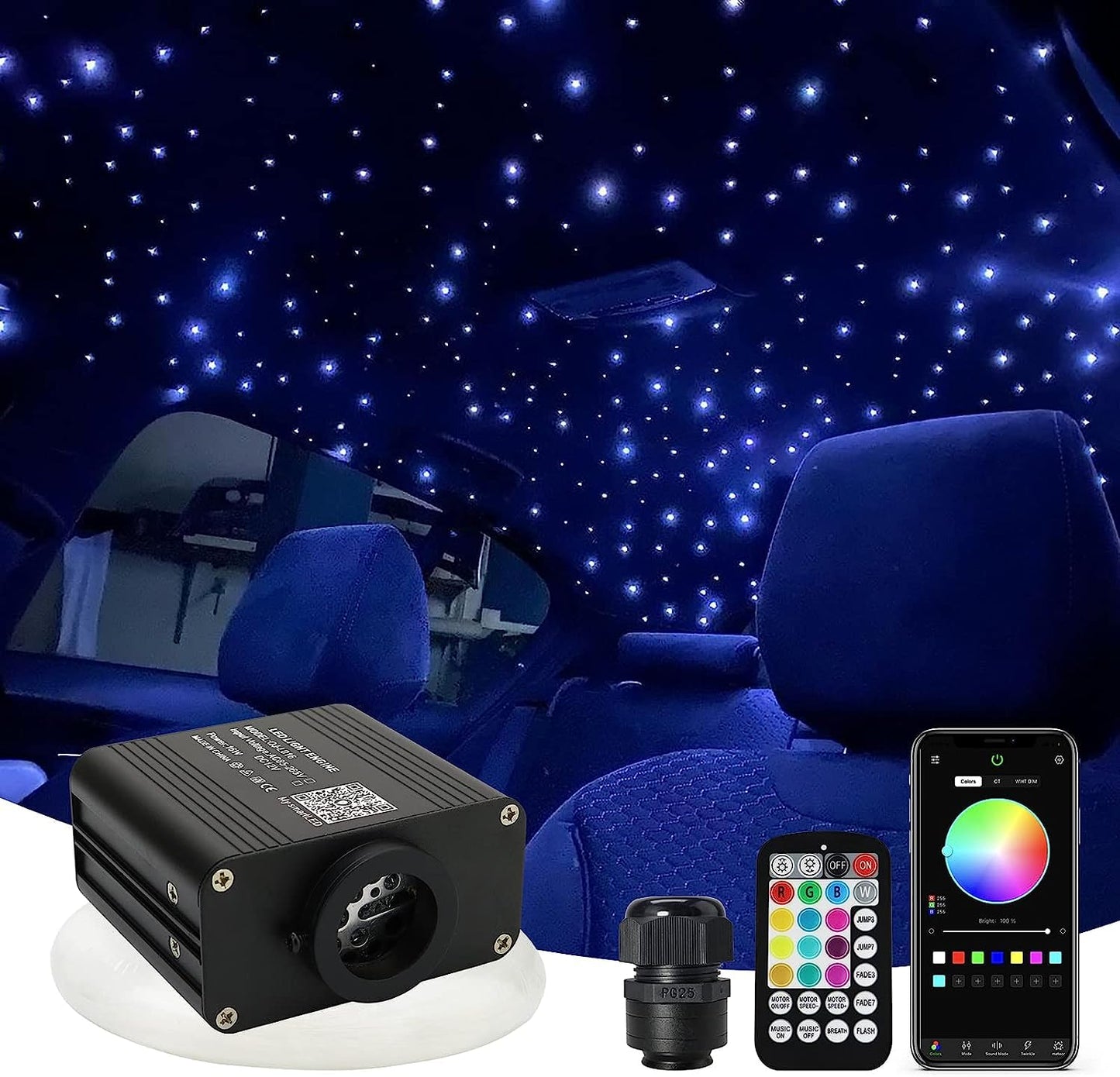 AMKI Fiber Optic Light Kit - 500pcs 0.03in 9.8ft Twinkle & Sound Activated - RGBW - Model QJ-L016 for Car/Home Star Ceiling Decoration