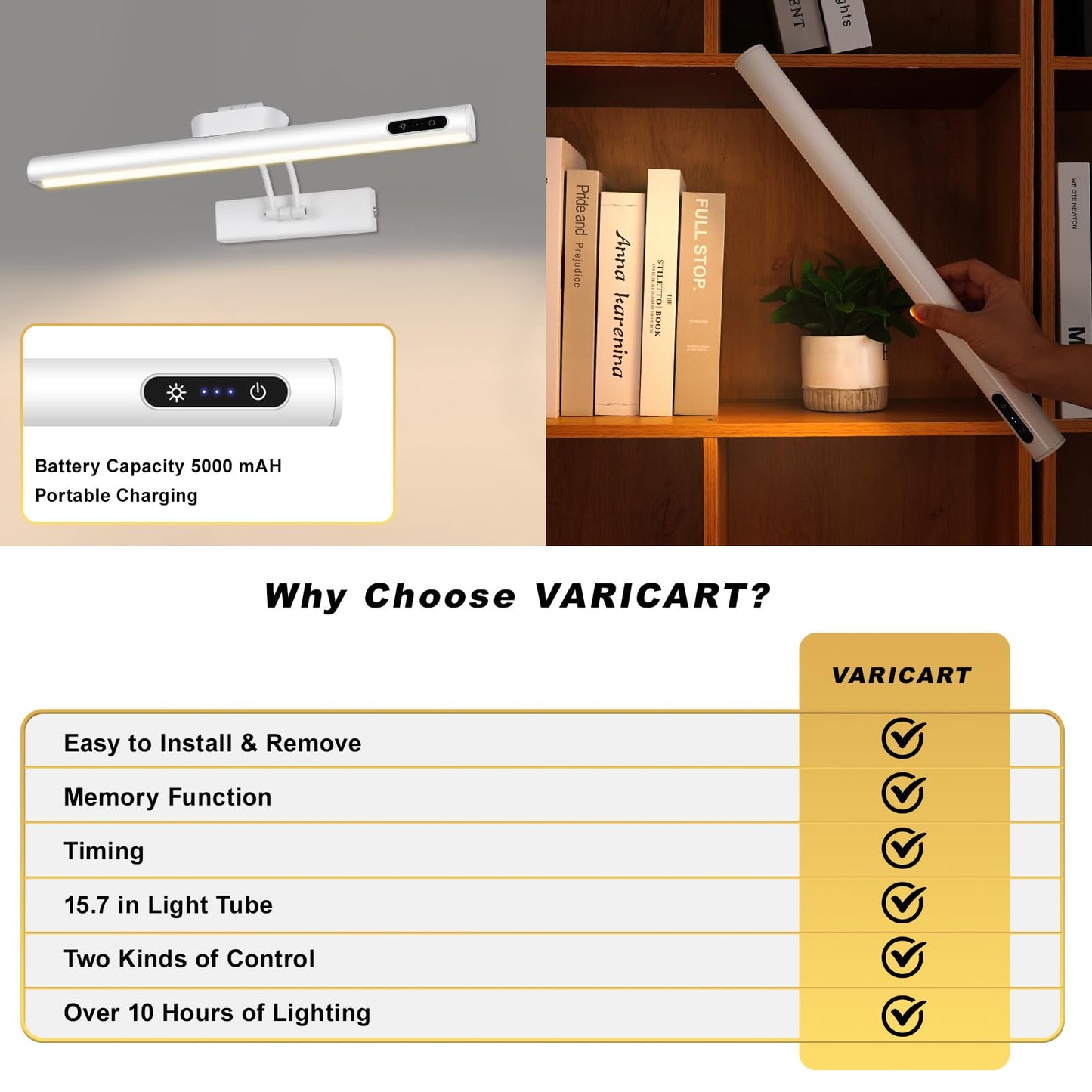 VARICART Magnetic Cordless Picture Light, Remote/Touch Control, 3CCT Dimmable, 16in Metal Wall Sconce, White, 2Pack
