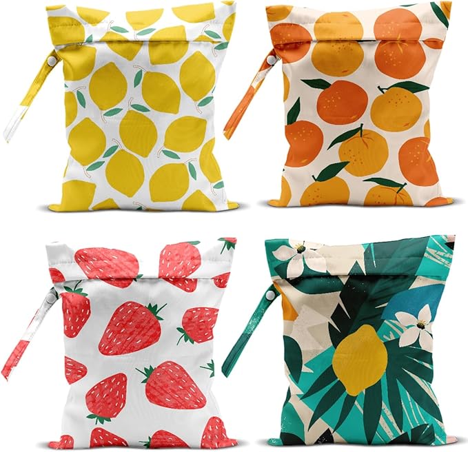 4 Pack Wet Bag for Swimsuit, Beach Travel Essentials Wet Dry Bag, for Sunscreen Toiletry Dirty Clothes Yoga Gym Diaper, Friend Summer Beach Vacation Gifts. Fruit Series