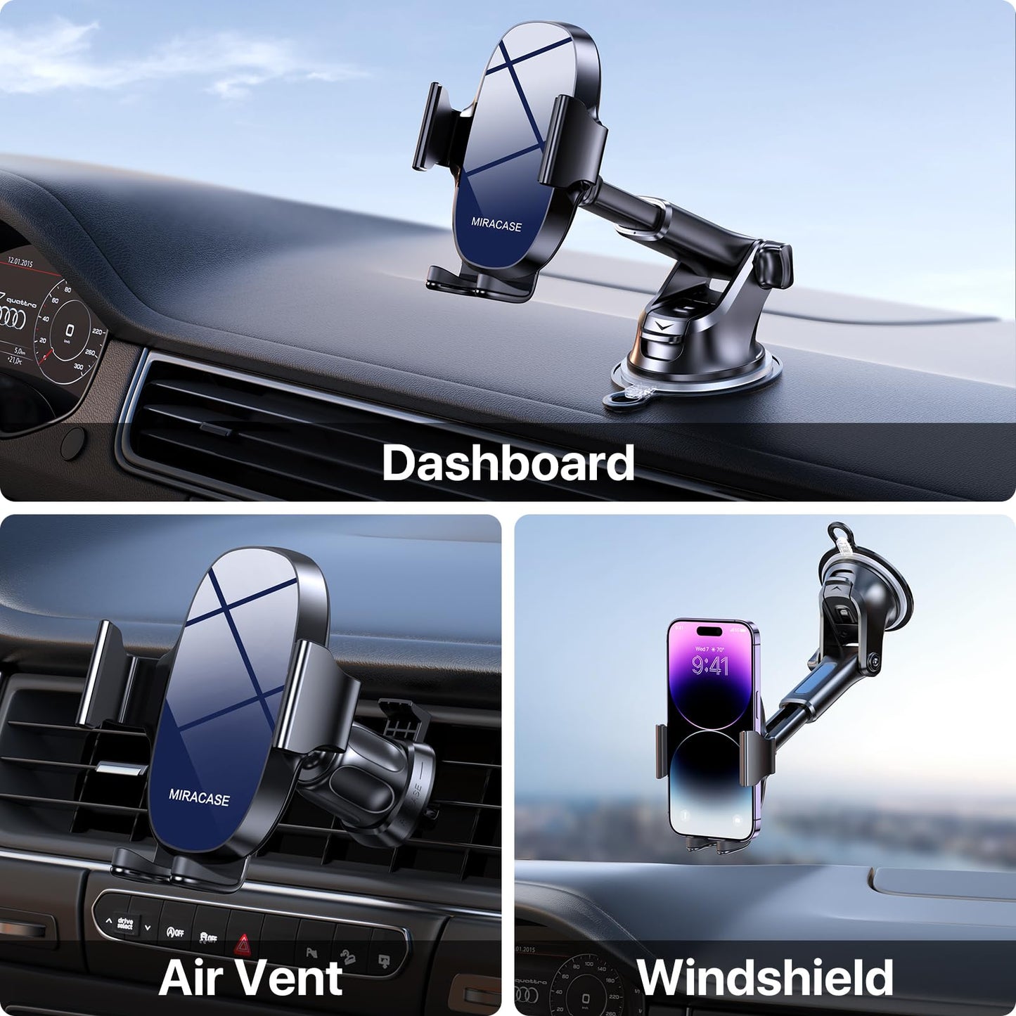 Miracase 3-In-1 Cell Phone Holders For Your Car, Universal Car Phone Holder Mount For Dashboard Air Vent Windshield Compatible W