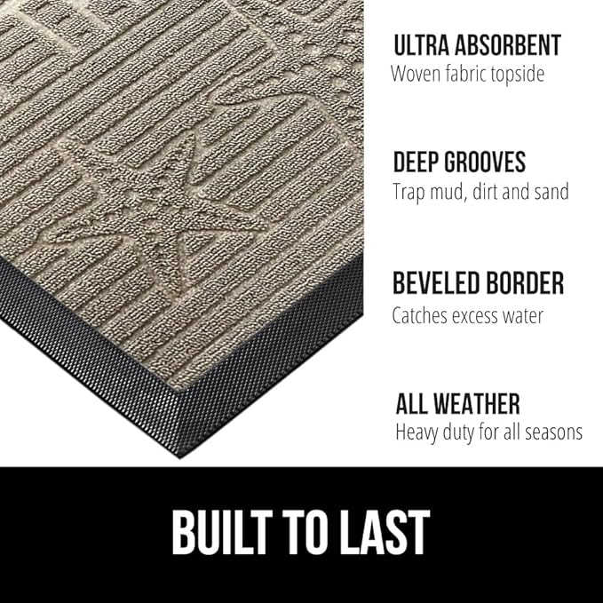 GORILLA GRIP 100% Waterproof All-Season WeatherMax Doormat, 47x35, Durable Natural Rubber, Stain and Fade Resistant, Low Profile, Indoor Outdoor Door Mats, Easy Clean Patio Entrance Mat, Sand Beach
