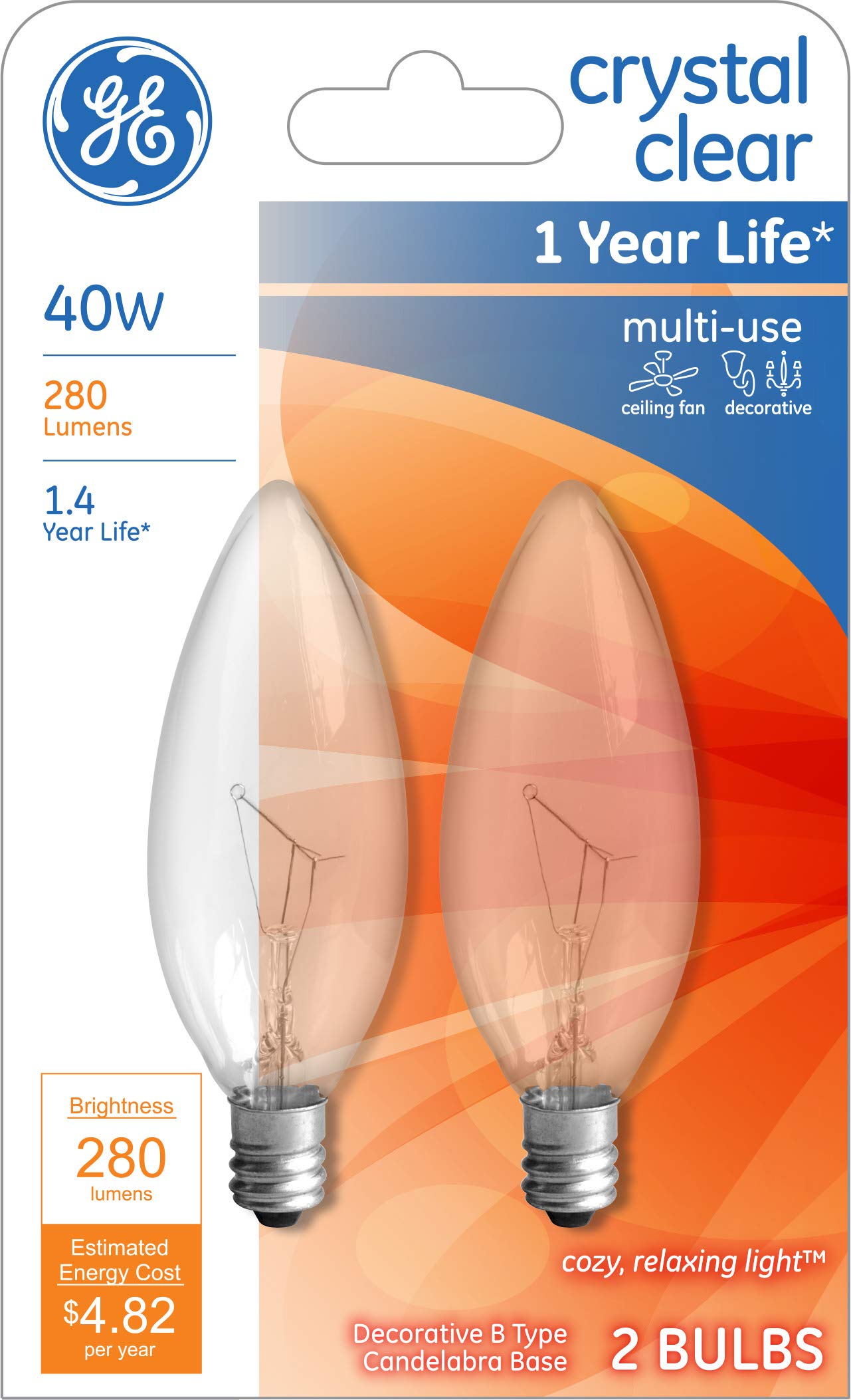 Ge 12165 Incandescent Blunt Bulb, Warm White, Clear, 2 Count (Pack Of 1)