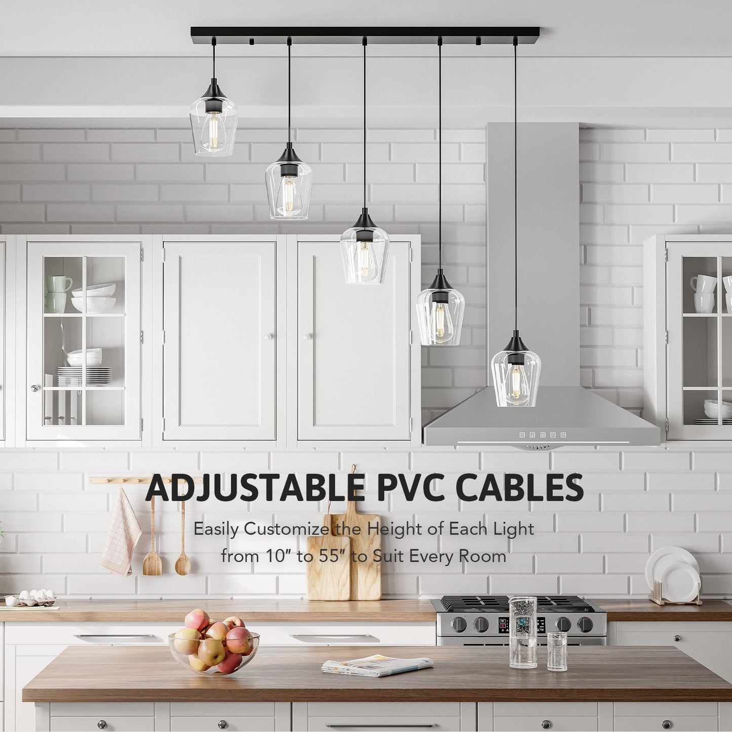 Vonluce 5-Light Pendant Light Kitchen Island  Pendant Light Fixture With 10-55 Height  Modern Pendant Lighting With Wine Glass Shades For Living Room Hallway  Matte Black  Etl Certificated