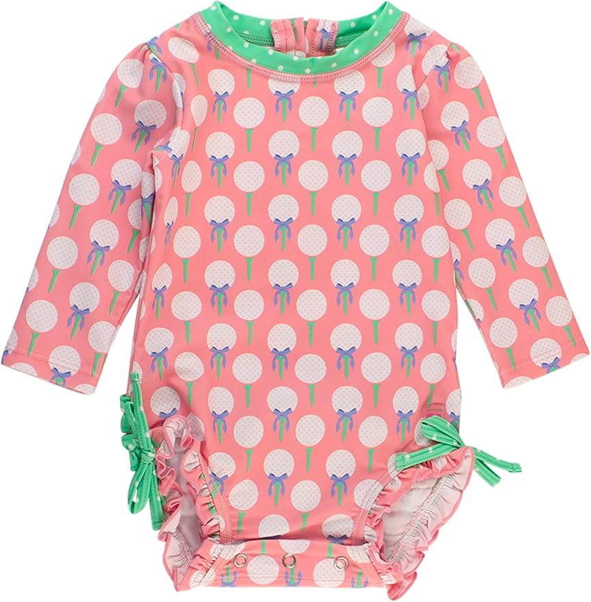 RuffleButts Baby Girls UPF 50+ Sun Protection Novelty Print Long Sleeve One Piece Rash Guard Swimsuit with Zipper