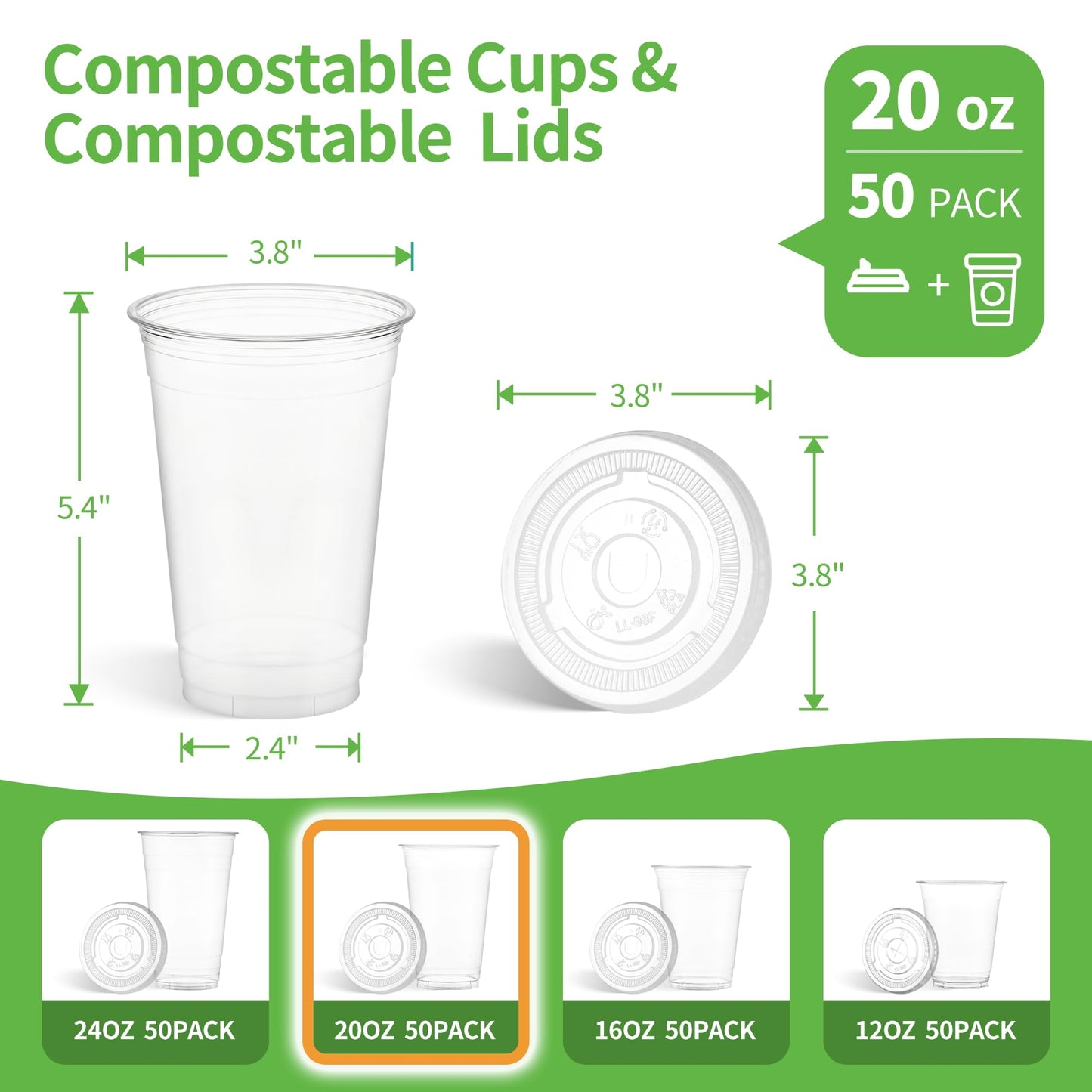 CCWOFF PLA 20 OZ Compostable Clear Plastic Disposable Iced Coffee Cups with Flat Lids, Biodegradable Cold Drinking To Go Coffee Cups for Party, Smoothie, Boba Tea, Slushy, Milkshake 50 Sets
