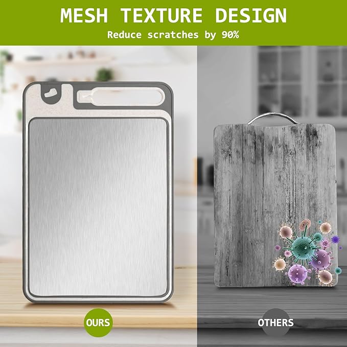 3-in-1 Stainless Steel Cutting Board for Kitchen, Double Sided, Cutting Board,Scratch-Resistant Mesh Design with Juice Groove,Easy Clean,Wheat Straw PP Large Chopping Board 15 * 11IN