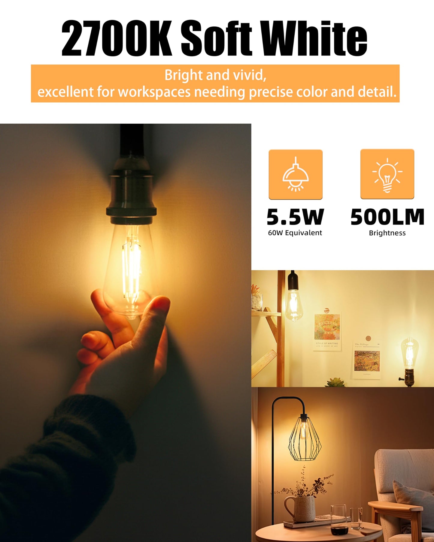 Lumiverse E26 Vintage Led Edison Bulbs, 5.5W (60W Equivalent), 2700K Soft White, Non-Dimmable, 4 Pack