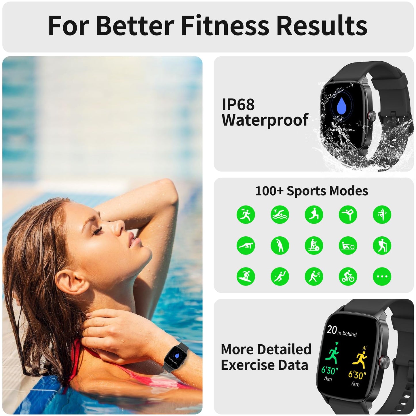 YMZ Smart Watch for Men Women, IP68 Waterproof, Bluetooth Calling, Fitness Tracker, Sleep Monitoring, 1.85'' DIY Dial, AI Built-in, 7 Days Battery, Compatible with Android & iOS