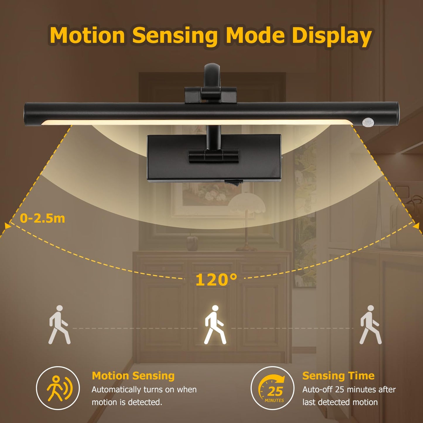 Desoop Wireless Picture Lights Battery Operated  Motion Sensor Black Art Lights Motion Activated Gallery Lighting Auto-Off discomfort-reducingting Lights For Portraits 16 Inch 3W Warm White