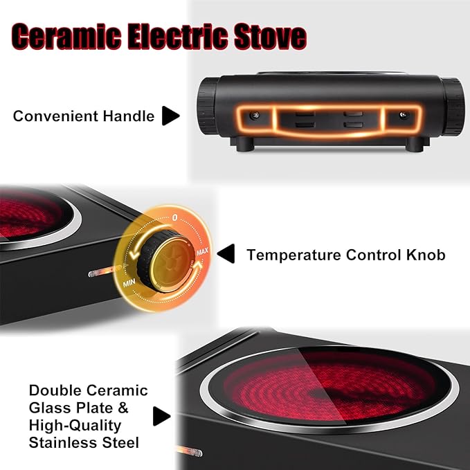CUSIMAX Hot Plate for Cooking,1800w Double Infrared Burner,Portable Electric Stove with Adjustable Temperature Control,Ceramic Glass Hot Plate for Dorm Office Home Camp,Black Stainless Steel