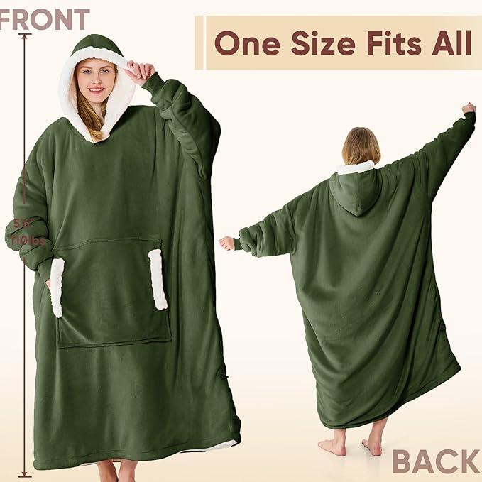 yescool Wearable Blanket Hoodie, Flannel Sherpa Fleece Blanket Sweatshirt for Adults Women Men,One Size Fits All