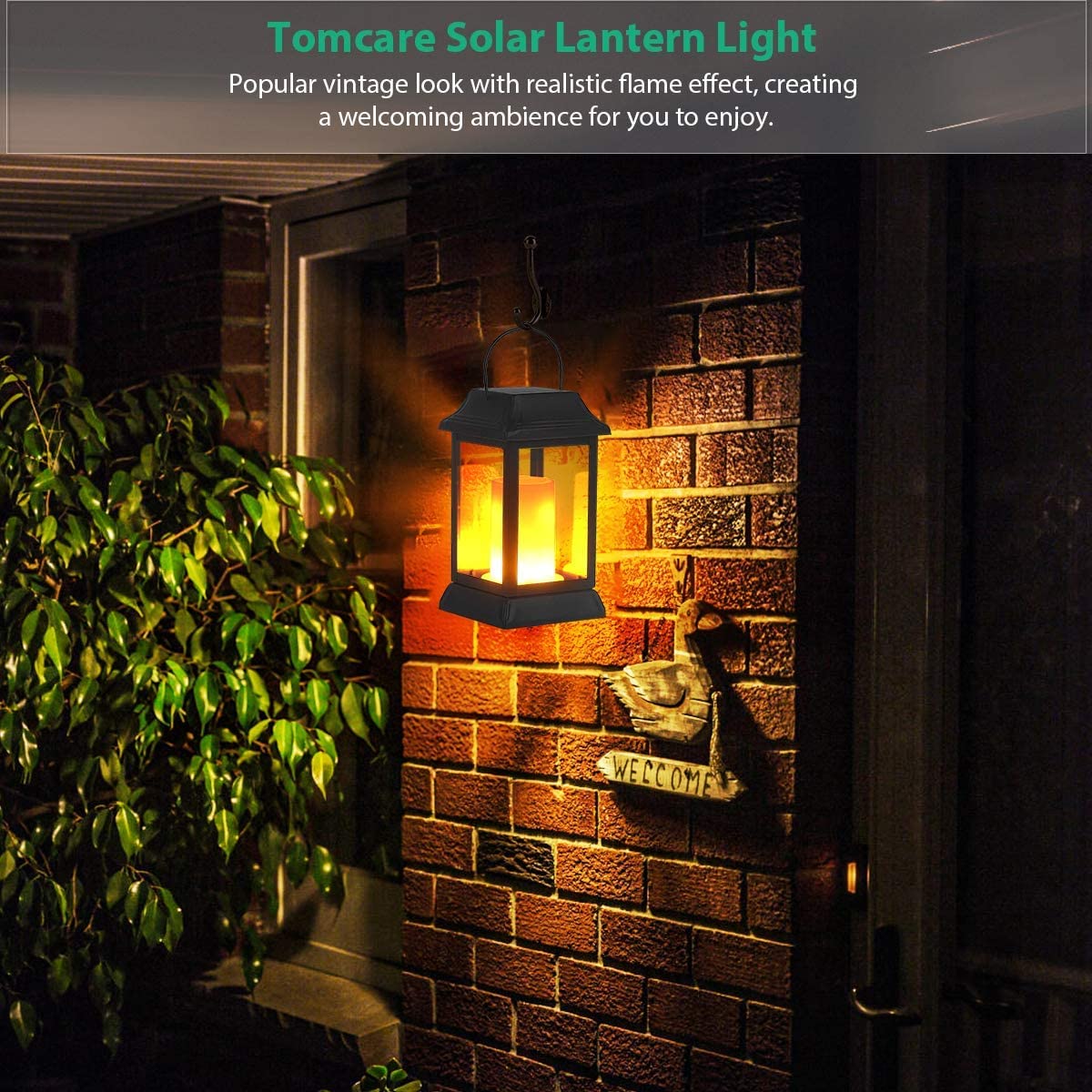 Tomcare Solar Lights Metal Flickering Flame Lanterns, Waterproof Outdoor Hanging Decor, 2 Pack, Black, Model Sz-19003