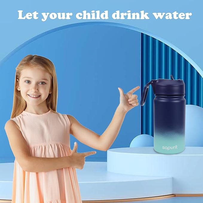 Kids Water Bottle, 16OZ Water Bottles Kids with Straw, Stainless Steel Vacuum Double Wall Insulated cup, Kids Water Bottle for School, Gifts for Boys (GREEN PINK, 16OZ)