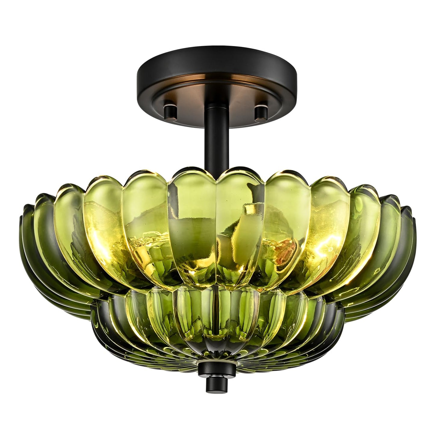 Semi Flush Mount Ceiling Light Fixture  Green Glass 3-Light Modern Vintage Ceiling Lights  Scalloped Close To Ceiling Light  Black Base Flush Mount Ceiling Light For Hallway Bedroom Entryway Kitchen