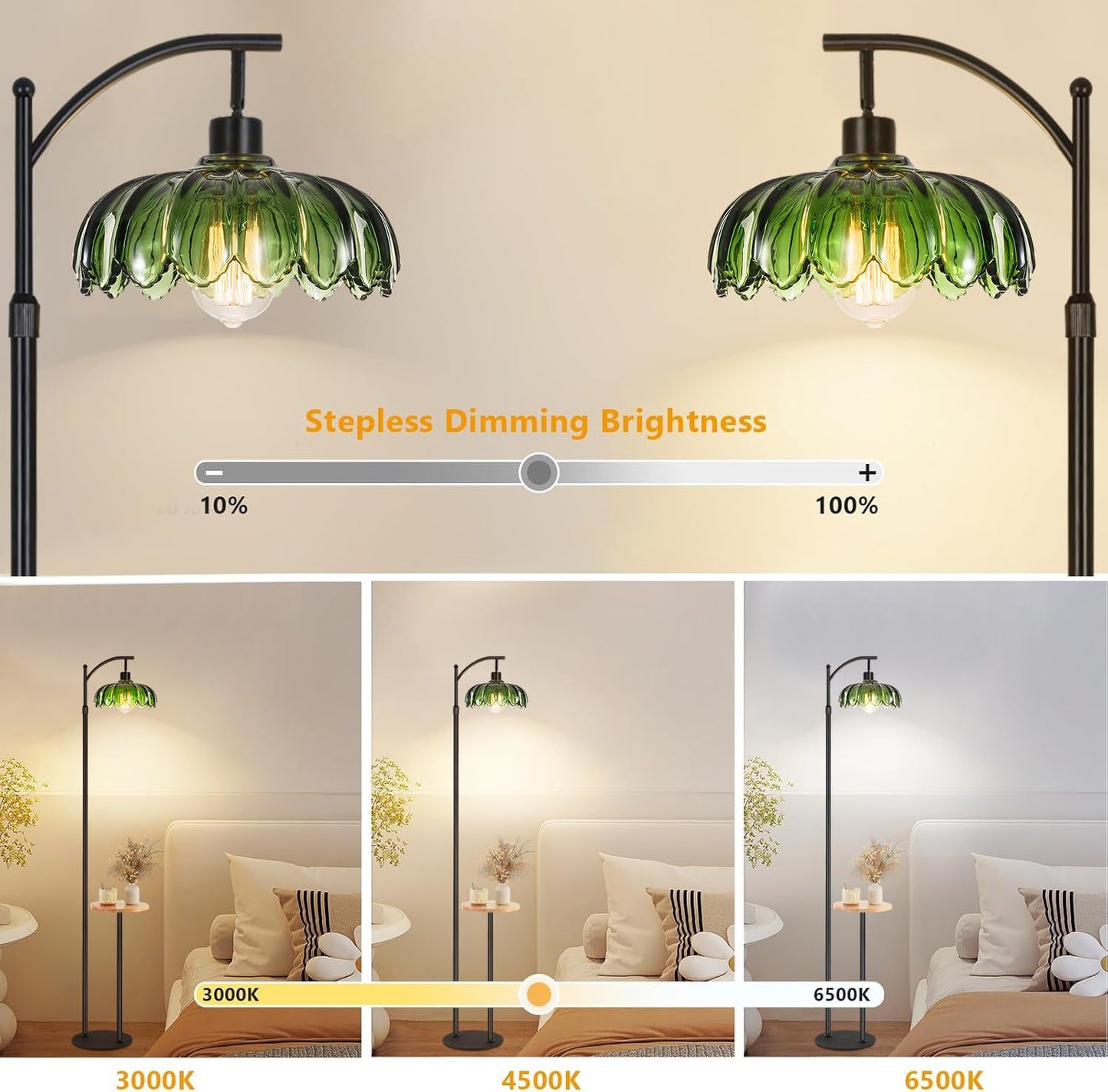 ZECOXOL Arc Floor Lamp with Table & Shelves, Black-Green, Metal, Remote Control, 10 inch, Modern Design