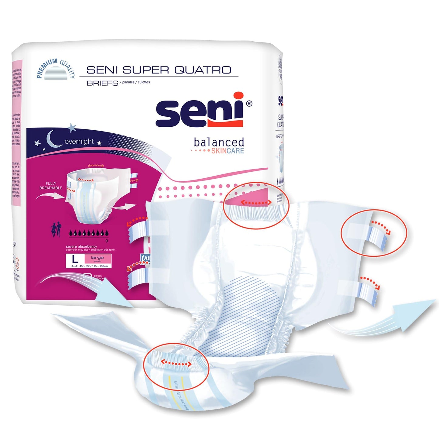 Seni Super Quatro Unisex Adult Incontinence Briefs with Tabs, Size Large (45"-59"), 36 Count (4 Packs of 9), Severe Absorbency, Disposable Overnight Briefs for Men & Women