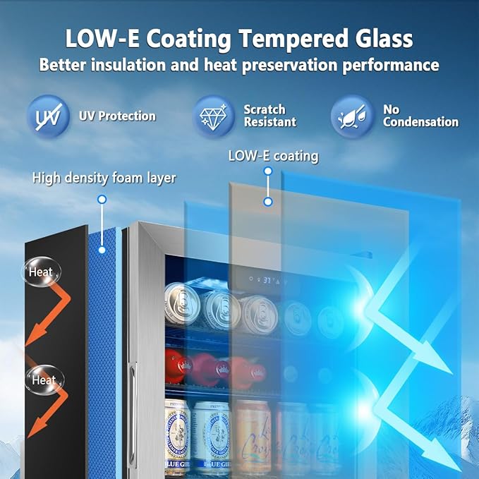 Tylza 130 Cans Beverage Refrigerator Cooler, 3.22 Cu.Ft Beverage Cooler with Low-E Glass Door, Safety Lock, Beverage Fridge for Soda, Beer, Wine, Mini Fridge for Home, Office, Bar, Bedroom, Silver